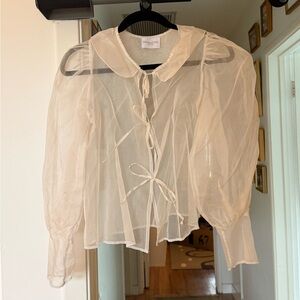 Maison Cleo emilie Sheer Tie-Front Puff Sleeve Blouse